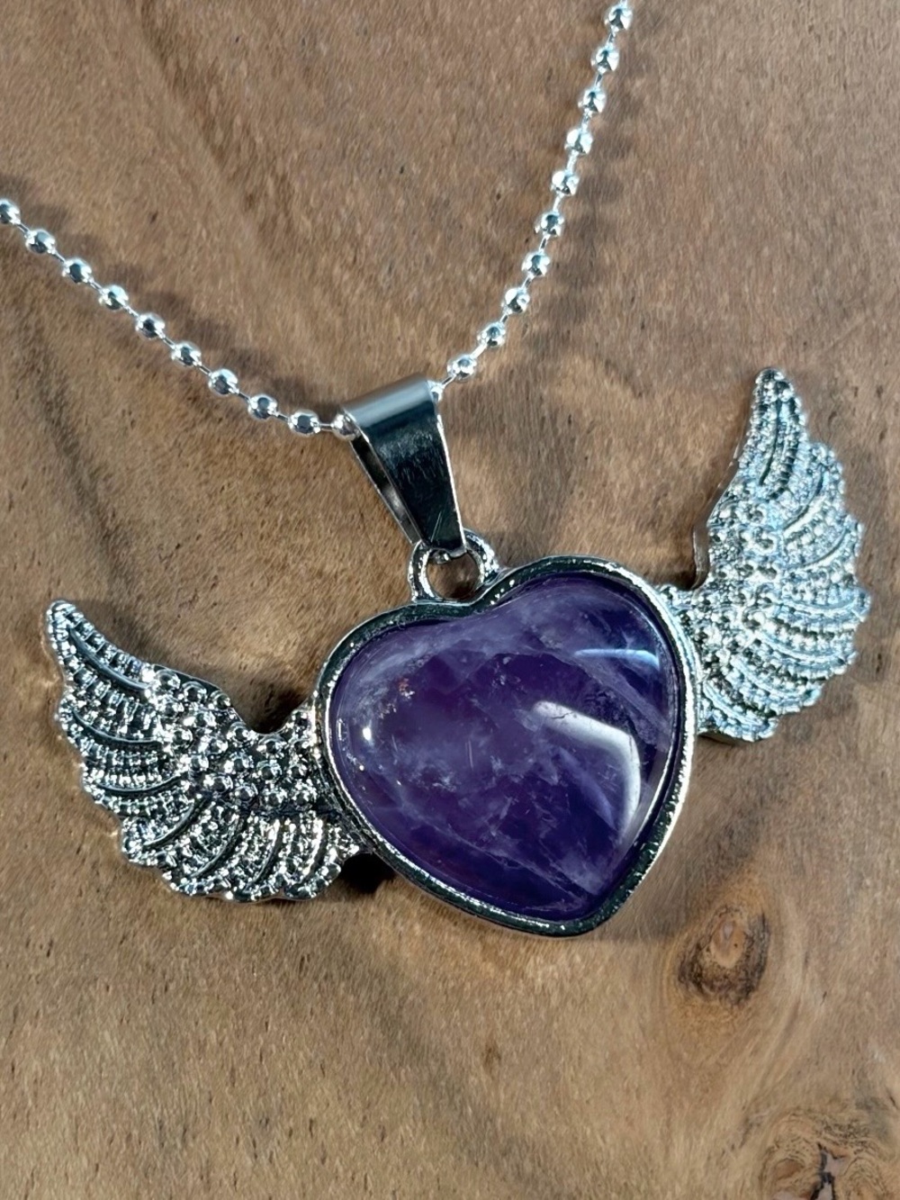 Amethyst Silver Winged Heart Pendant Necklace - Picture 4 of 13